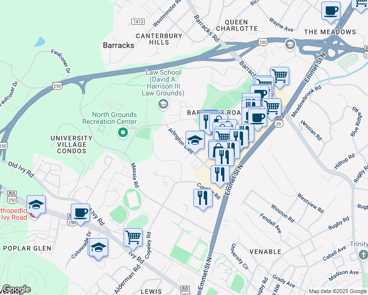 map of restaurants, bars, coffee shops, grocery stores, and more near 2420 Arlington Boulevard in Charlottesville