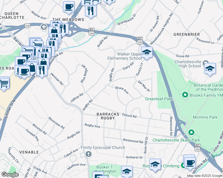 map of restaurants, bars, coffee shops, grocery stores, and more near 1708-10 Bruce Avenue in Charlottesville