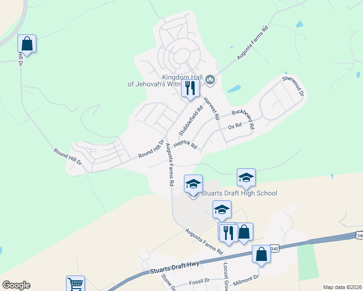 map of restaurants, bars, coffee shops, grocery stores, and more near 25 Hayrick Road in Waynesboro