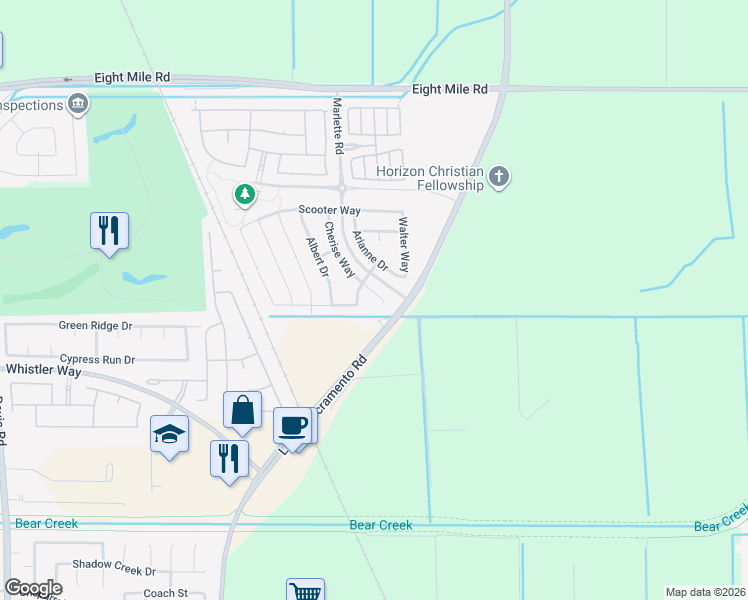 map of restaurants, bars, coffee shops, grocery stores, and more near 10428 Cherise Way in Stockton