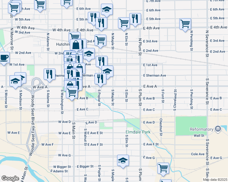 map of restaurants, bars, coffee shops, grocery stores, and more near 112 South Maple Street in Hutchinson
