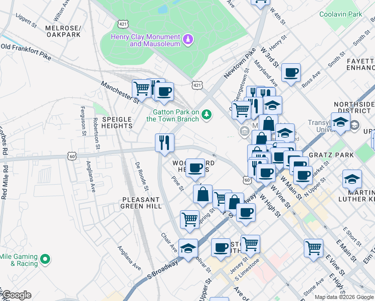 map of restaurants, bars, coffee shops, grocery stores, and more near 832 West High Street in Lexington
