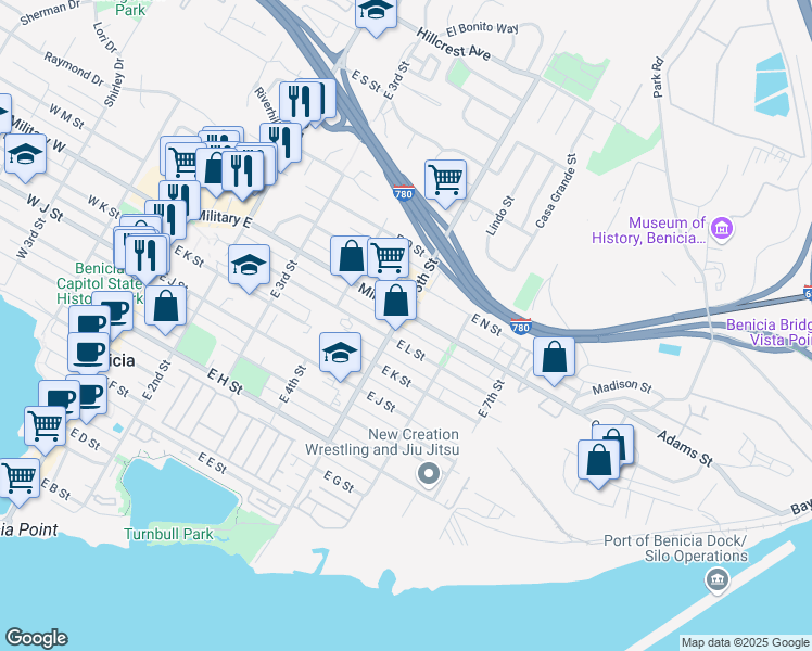 map of restaurants, bars, coffee shops, grocery stores, and more near 500 Military East in Benicia