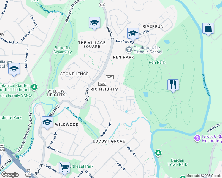 map of restaurants, bars, coffee shops, grocery stores, and more near 1120 Vegas Court in Charlottesville