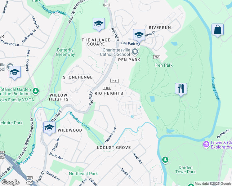 map of restaurants, bars, coffee shops, grocery stores, and more near 1120 Vegas Court in Charlottesville