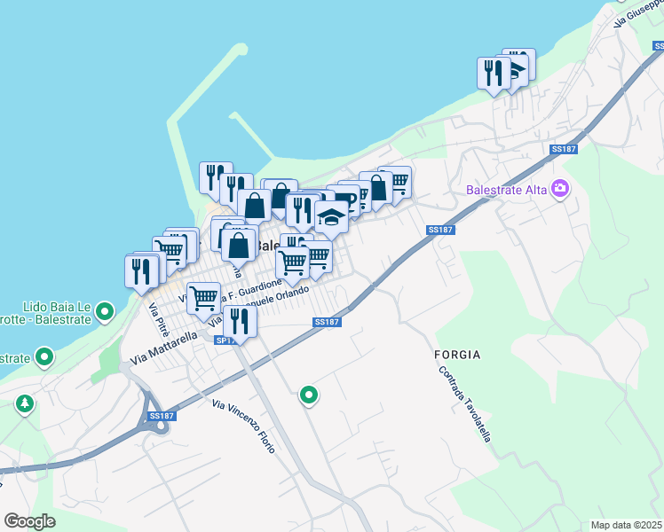 map of restaurants, bars, coffee shops, grocery stores, and more near 8 Via Guardione in Balestrate-foce