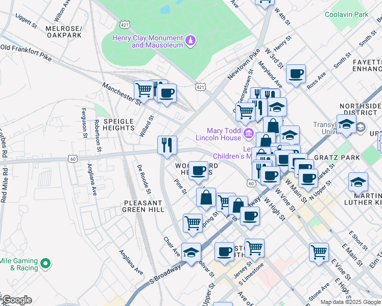 map of restaurants, bars, coffee shops, grocery stores, and more near 816 West High Street in Lexington