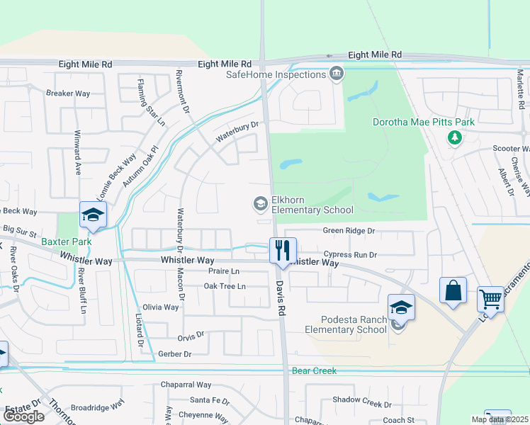 map of restaurants, bars, coffee shops, grocery stores, and more near 10505 Davis Road in Stockton