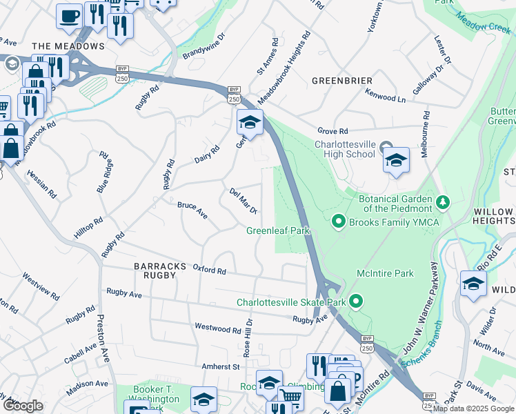 map of restaurants, bars, coffee shops, grocery stores, and more near 1612 Rose Hill Drive in Charlottesville
