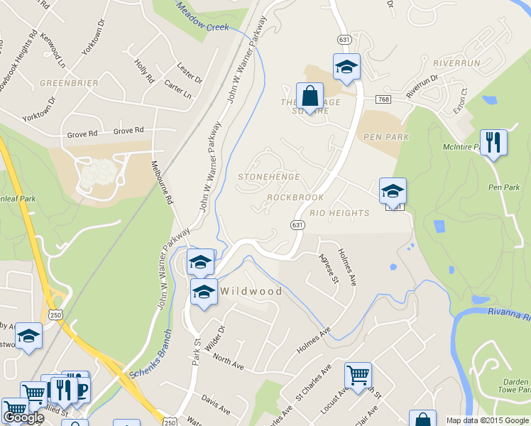 map of restaurants, bars, coffee shops, grocery stores, and more near 583 Southampton Court in Charlottesville