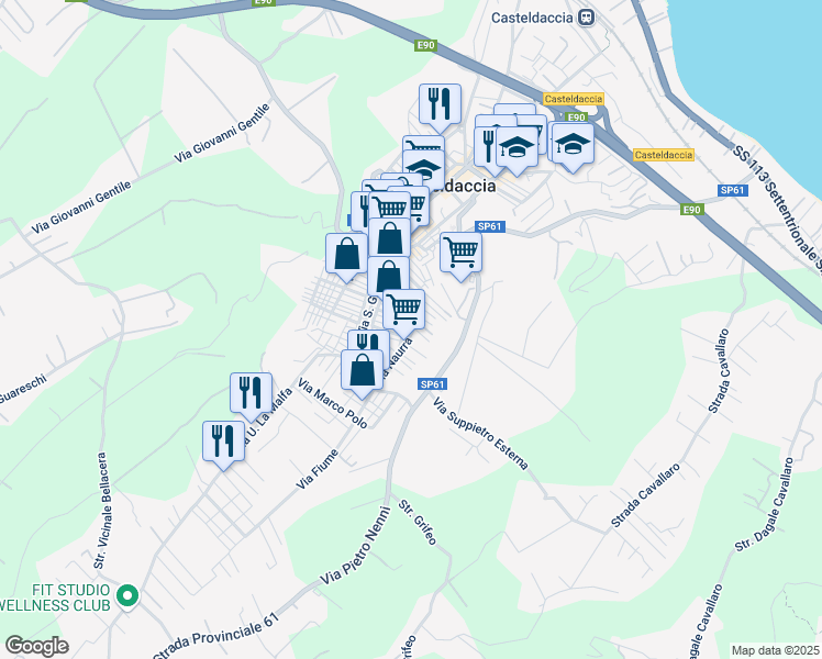 map of restaurants, bars, coffee shops, grocery stores, and more near 55 Via Naurra in Casteldaccia