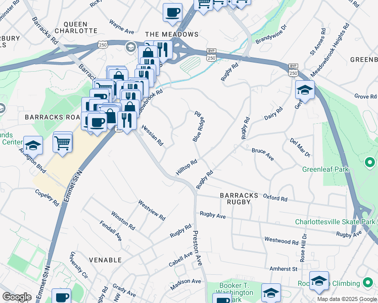 map of restaurants, bars, coffee shops, grocery stores, and more near 1902 Blue Ridge Road in Charlottesville