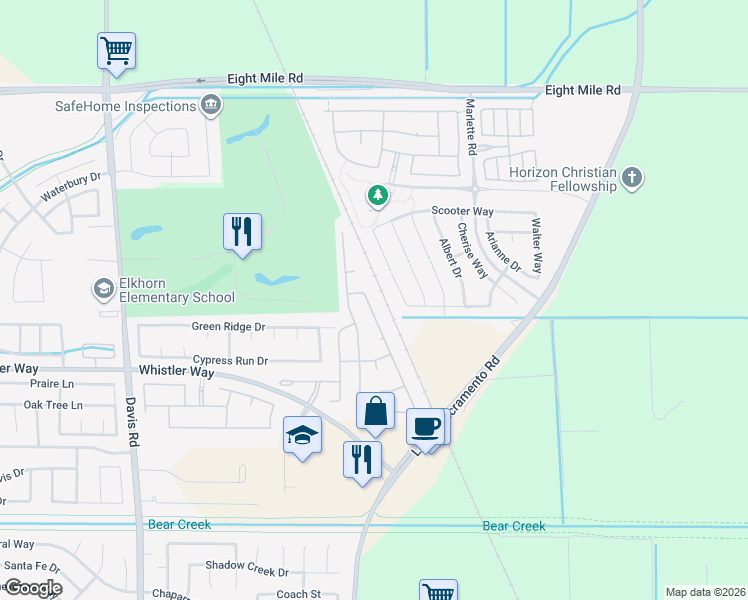 map of restaurants, bars, coffee shops, grocery stores, and more near 10540 Rudder Way in Stockton