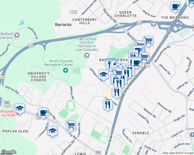 map of restaurants, bars, coffee shops, grocery stores, and more near 2430 Arlington Boulevard in Charlottesville