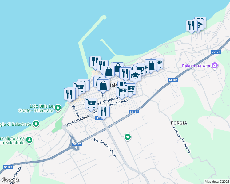 map of restaurants, bars, coffee shops, grocery stores, and more near 89 Via Francesco Crispi in Balestrate