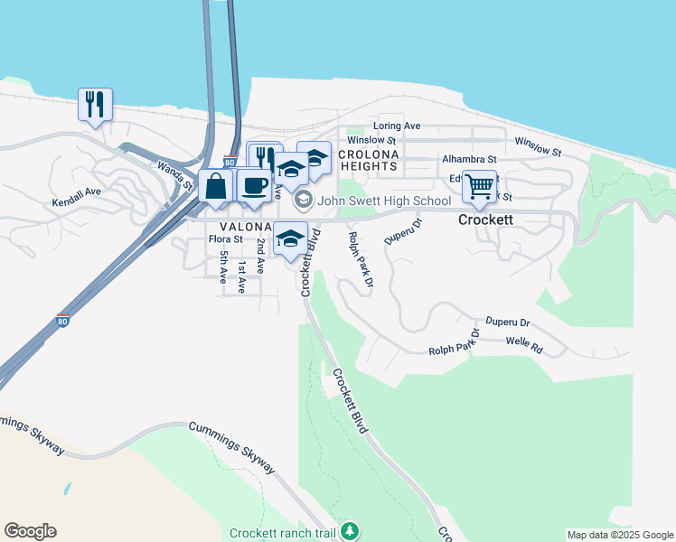map of restaurants, bars, coffee shops, grocery stores, and more near 3 Rolph Park Court in Crockett