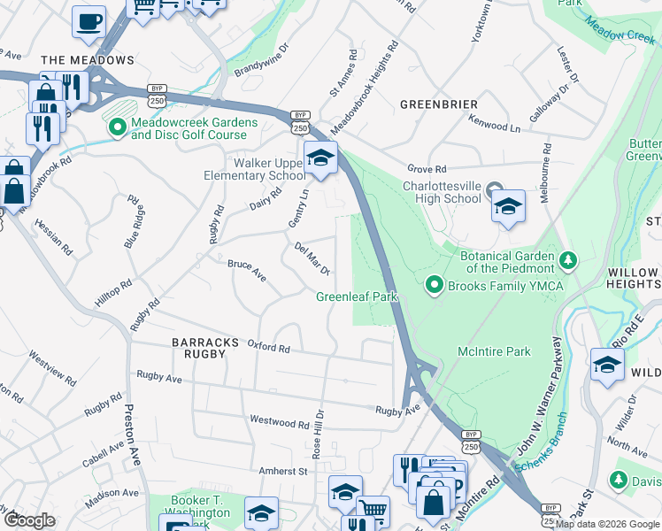 map of restaurants, bars, coffee shops, grocery stores, and more near 1612 Rose Hill Drive in Charlottesville