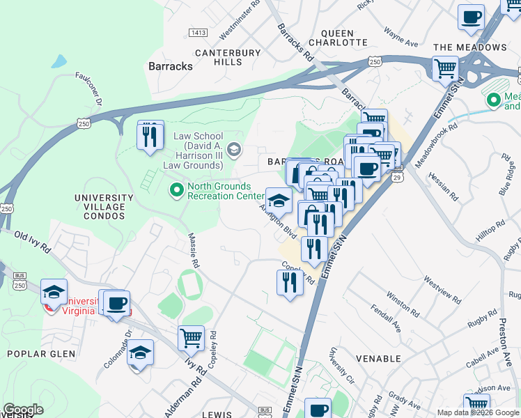 map of restaurants, bars, coffee shops, grocery stores, and more near 2434 Arlington Boulevard in Charlottesville
