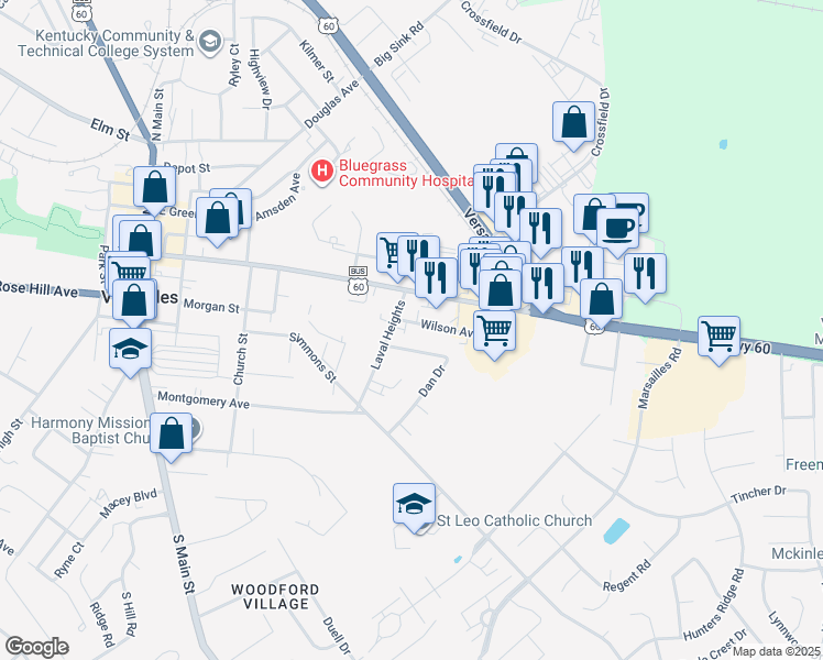 map of restaurants, bars, coffee shops, grocery stores, and more near 416 Wilson Avenue in Versailles