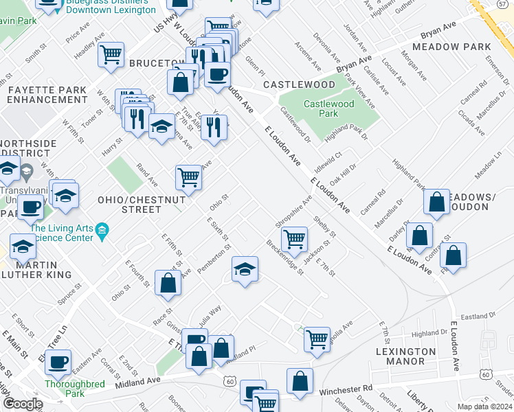 map of restaurants, bars, coffee shops, grocery stores, and more near 408 East 7th Street in Lexington