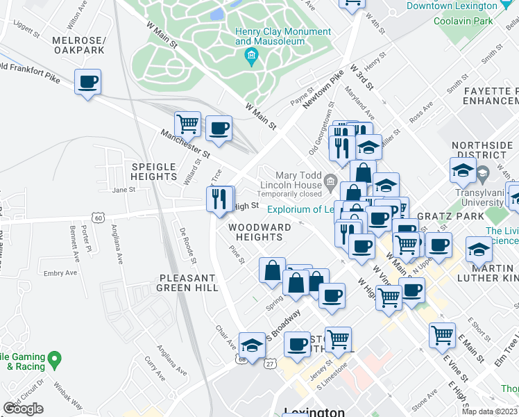 map of restaurants, bars, coffee shops, grocery stores, and more near 816 West High Street in Lexington