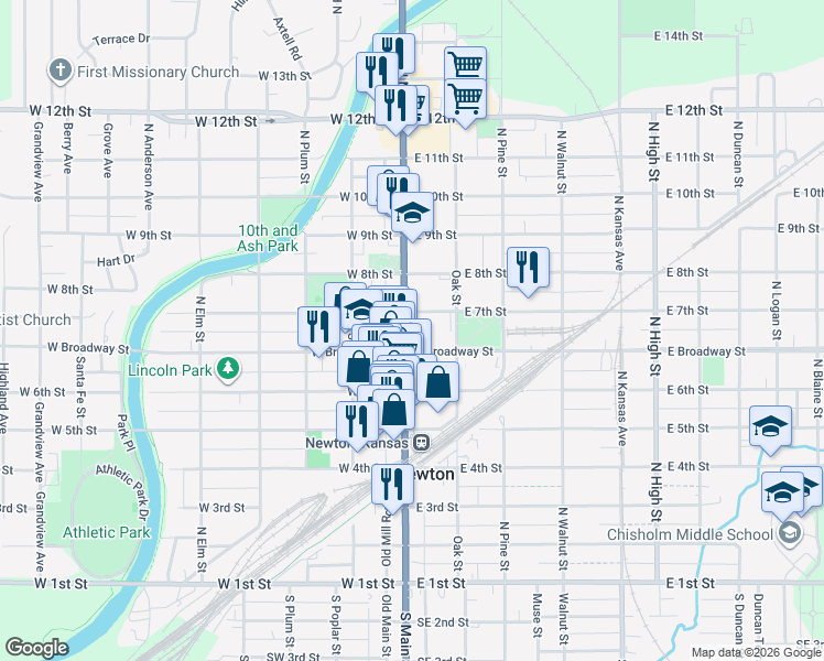 map of restaurants, bars, coffee shops, grocery stores, and more near 715 North Main Street in Newton