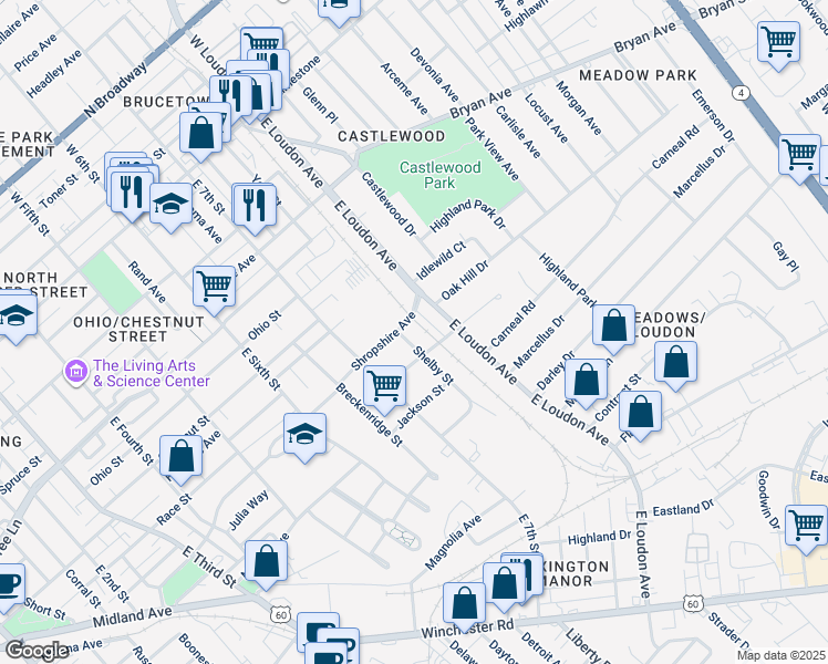 map of restaurants, bars, coffee shops, grocery stores, and more near 509 Shelby Street in Lexington