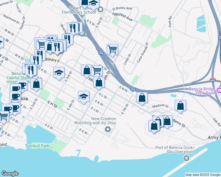 map of restaurants, bars, coffee shops, grocery stores, and more near in Benicia