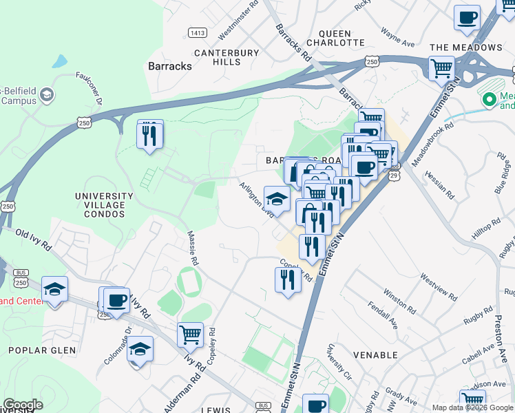 map of restaurants, bars, coffee shops, grocery stores, and more near 2434 Arlington Boulevard in Charlottesville