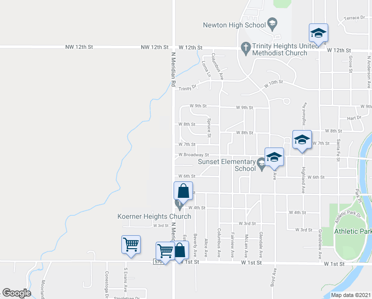 map of restaurants, bars, coffee shops, grocery stores, and more near 1414 W Broadway St in Newton