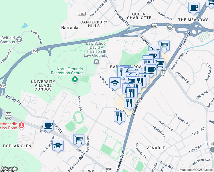 map of restaurants, bars, coffee shops, grocery stores, and more near 2432 Arlington Boulevard in Charlottesville