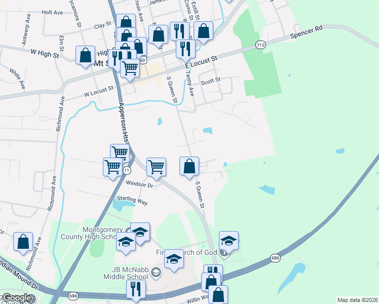 map of restaurants, bars, coffee shops, grocery stores, and more near 416 South Queen Street in Mount Sterling