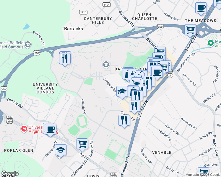 map of restaurants, bars, coffee shops, grocery stores, and more near 2432 Arlington Boulevard in Charlottesville