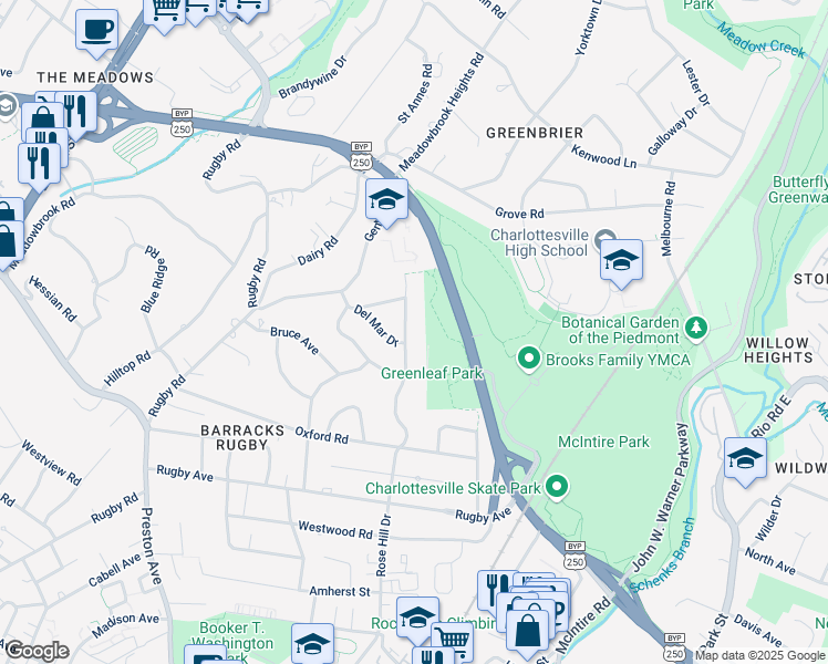 map of restaurants, bars, coffee shops, grocery stores, and more near 1612 Rose Hill Drive in Charlottesville