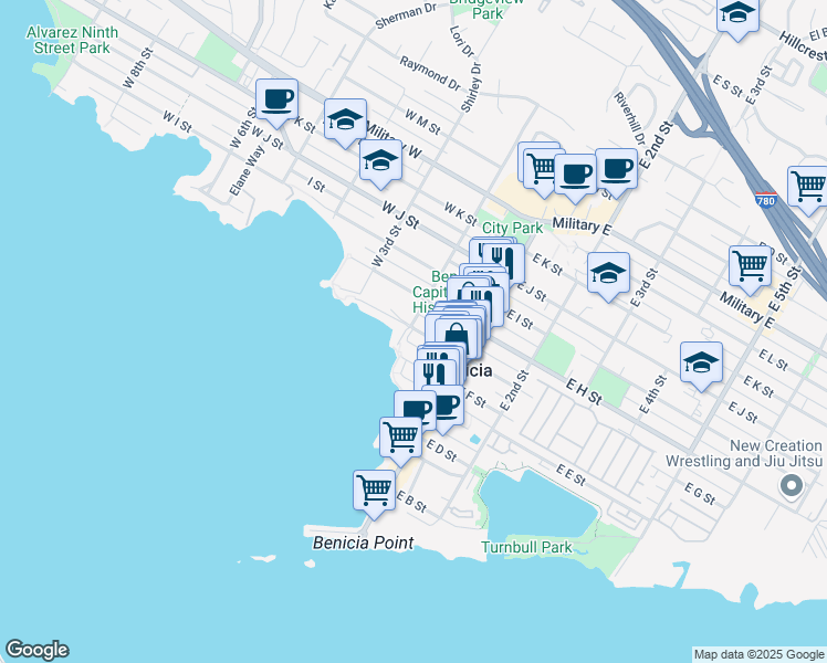 map of restaurants, bars, coffee shops, grocery stores, and more near 660 West 2nd Street in Benicia