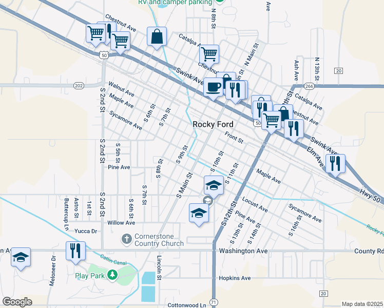 map of restaurants, bars, coffee shops, grocery stores, and more near 926 Sycamore Avenue in Rocky Ford