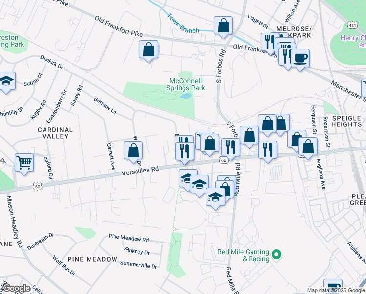 map of restaurants, bars, coffee shops, grocery stores, and more near 108 Delmont Drive in Lexington
