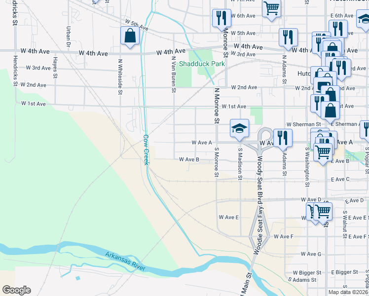 map of restaurants, bars, coffee shops, grocery stores, and more near 615 West Ave A in Hutchinson