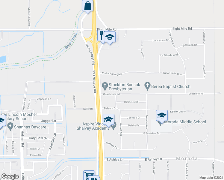 map of restaurants, bars, coffee shops, grocery stores, and more near 4529 Quashnick Road in Stockton