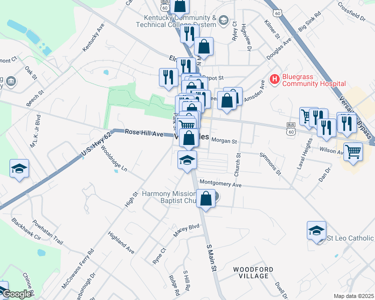 map of restaurants, bars, coffee shops, grocery stores, and more near 231 South Main Street in Versailles