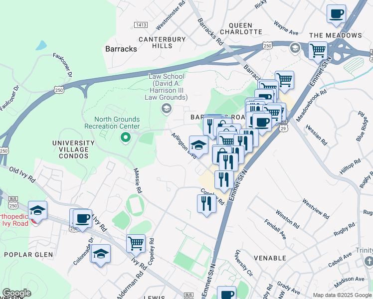 map of restaurants, bars, coffee shops, grocery stores, and more near 2428 Arlington Boulevard in Charlottesville