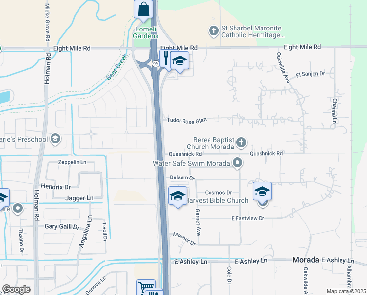 map of restaurants, bars, coffee shops, grocery stores, and more near 4529 Quashnick Road in Stockton