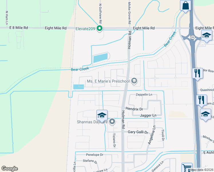 map of restaurants, bars, coffee shops, grocery stores, and more near 10505 Holman Road in Stockton