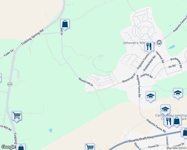 map of restaurants, bars, coffee shops, grocery stores, and more near 102 Provence Drive in Stuarts Draft