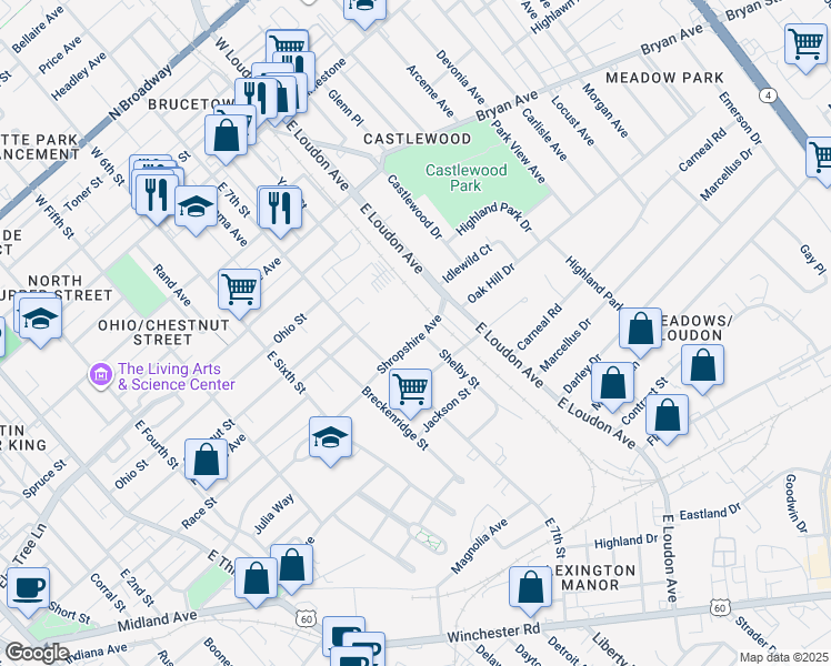 map of restaurants, bars, coffee shops, grocery stores, and more near 719 Shropshire Avenue in Lexington