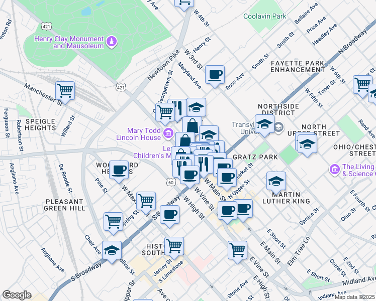 map of restaurants, bars, coffee shops, grocery stores, and more near 106 Felix Street in Lexington