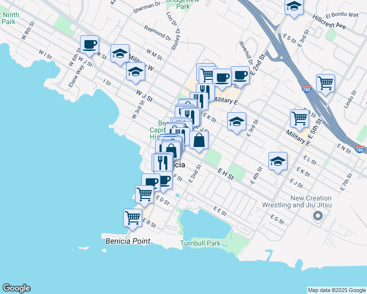 map of restaurants, bars, coffee shops, grocery stores, and more near 129 East H Street in Benicia