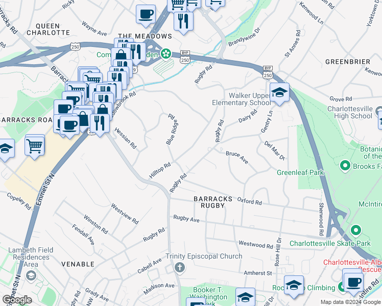 map of restaurants, bars, coffee shops, grocery stores, and more near 1313 Hilltop Road in Charlottesville