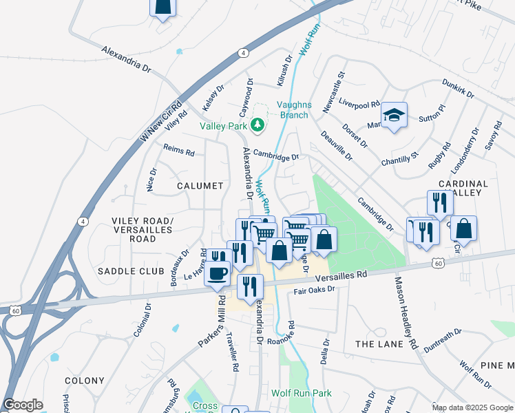 map of restaurants, bars, coffee shops, grocery stores, and more near 1340 Alexandria Drive in Lexington