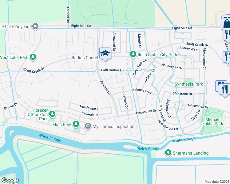 map of restaurants, bars, coffee shops, grocery stores, and more near 5959 Melones Way in Stockton